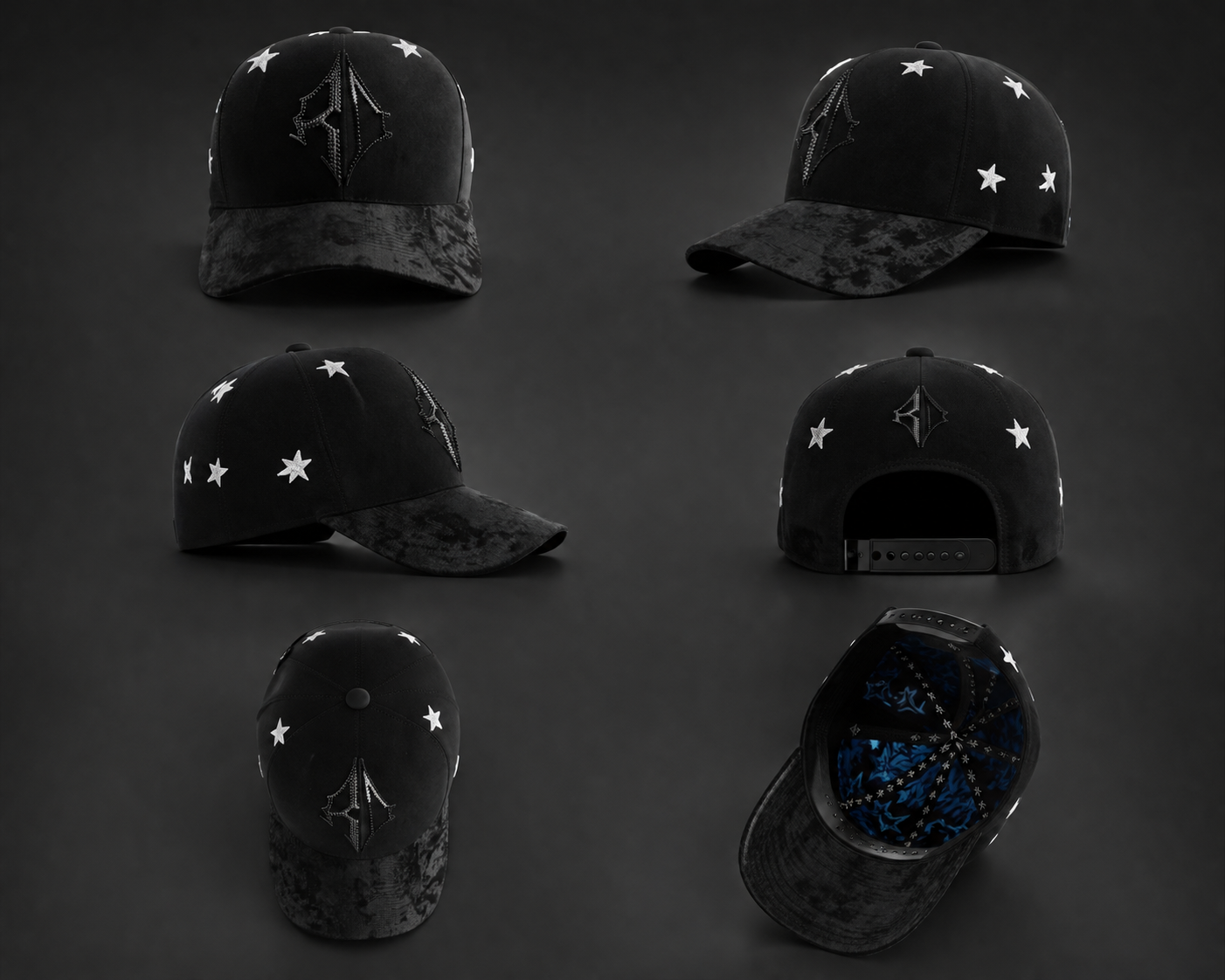 Six angles of the RecioCaps Black Diamond cap including the star-lined interior